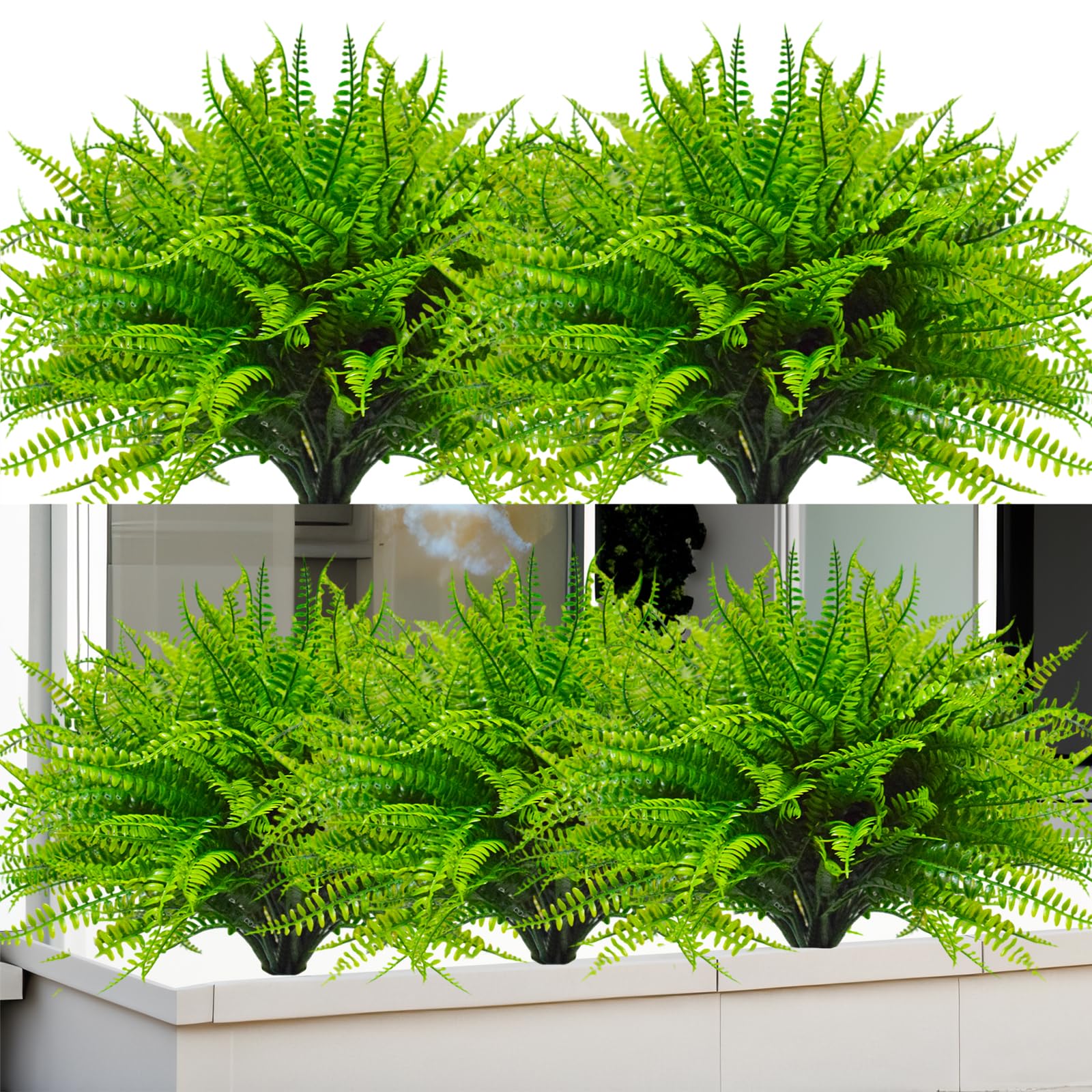 Kinisty Outdoor Artificial Plants 12 Bundles UV Resistant Fake Boston Ferns with Plastic Greenery and Faux Shrub Bushes for Garden Window Box Planter Indoor Outside Decor