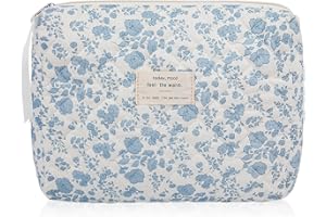 GOSECT Floral Makeup Bag, Large Cosmetic Bag for Women Girls, Cute Cotton Make up Pouch, Quilted Makeup Bags, Flower Travel Toiletry Organizer Bag(Blue Floral)