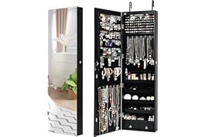 COSTWAY Mirror Jewelry Armoire, Wall Door Mounted Jewelry Organizer w/Full-length Mirror and 2 LED Lights, Lockable Large Cap