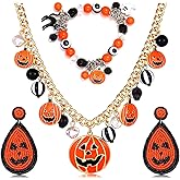 NVENF Halloween Jewelry Set, Spooky Boo Skeleton Earrings Pumpkin Necklace Beaded Stretch Bracelet for Women Devil Horns Headband Costume Party Favors Festive Gifts
