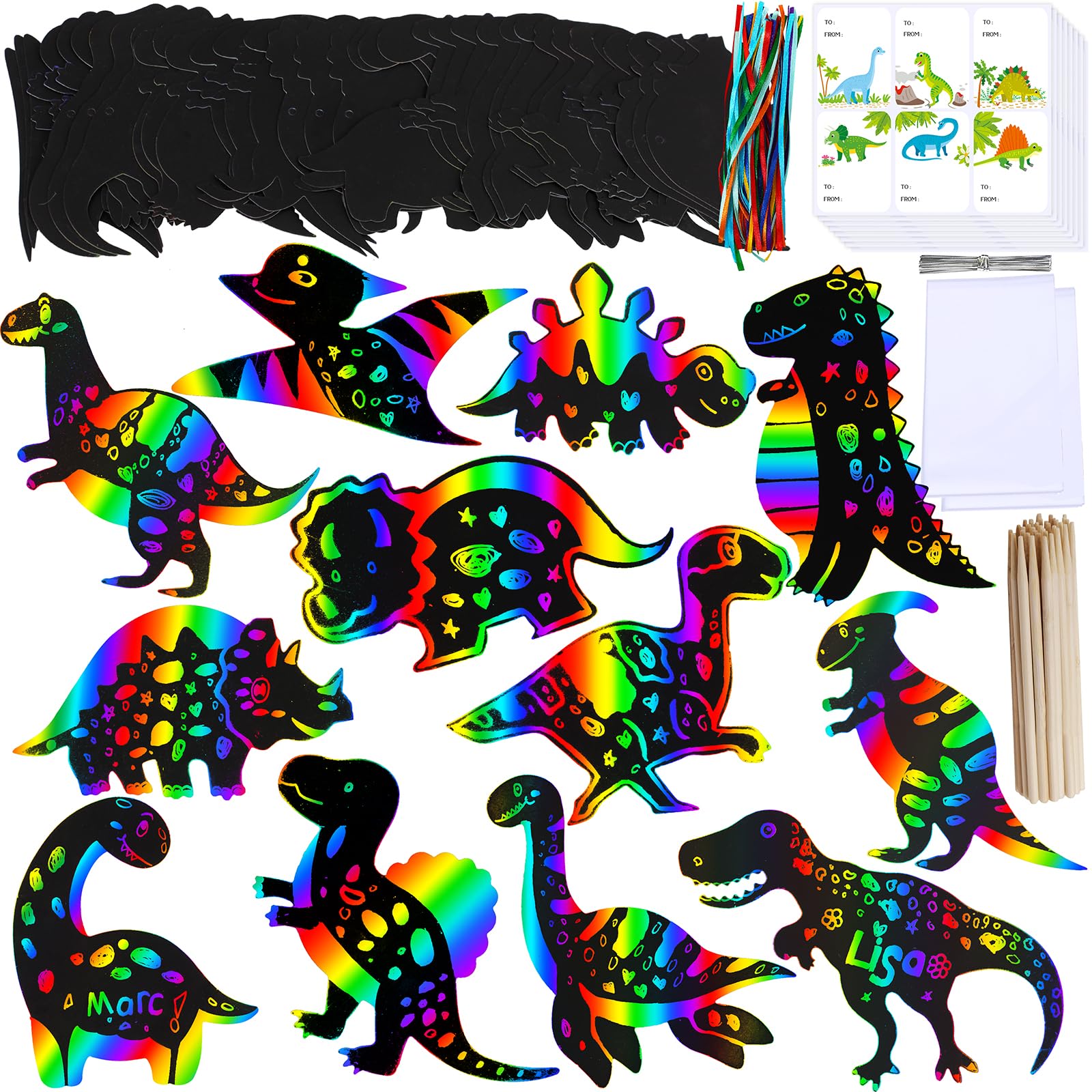 Photo 1 of Winlyn 48 Sets 12 Styles Magic Color Scratch Dinosaur Ornaments Craft Kits Rainbow Scratch Paper Art Sets Scratch Paper Dinosaur with Scratching Tools for Kids Classroom Activities Party Favors