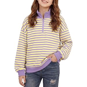 Latnnut Girls Striped Quarter Zip Sweatshirt Cotton Pullover Age 7-18 | 94% cotton with 6% spandex adds soft stretch; striped