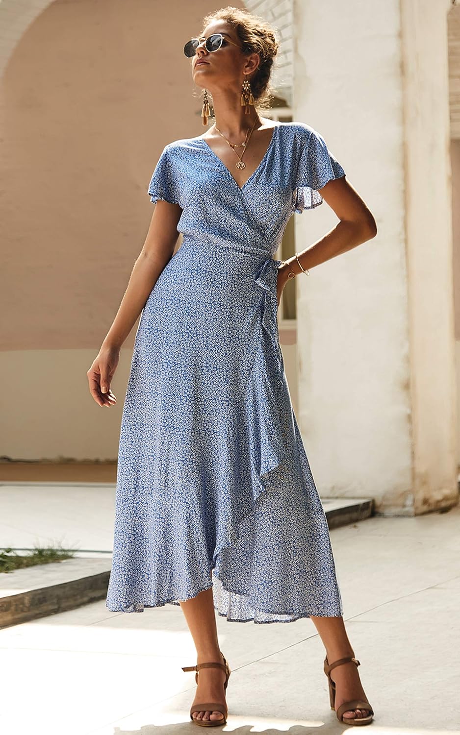 ECOWISH Women's Dresses Bohemian Wrap V Neck Short Sleeve Ethnic Style High Split Beach Maxi Dress at  Women’s Clothing store