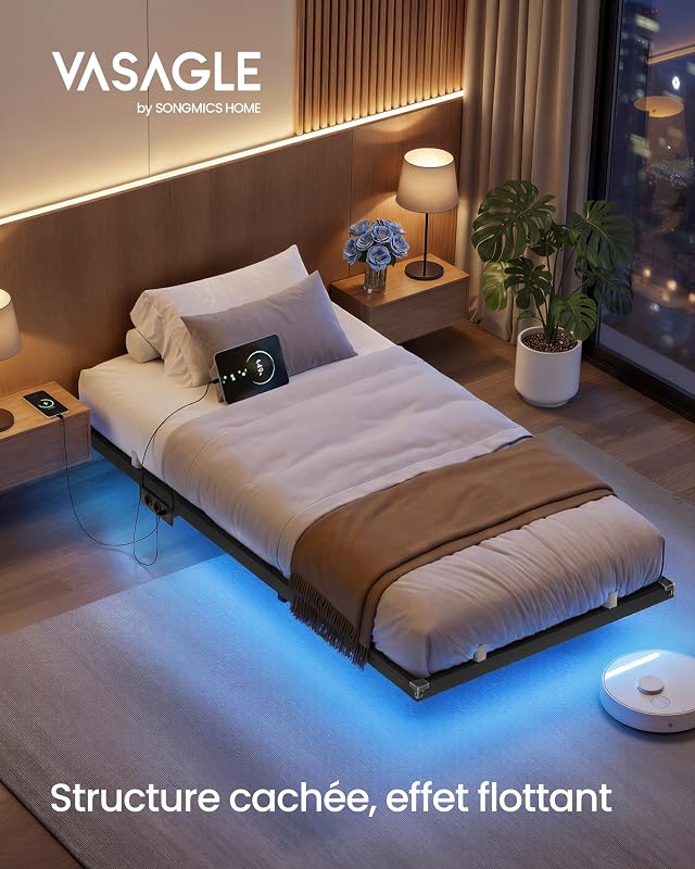 Lit Flottant 90 x 190 cm, avec Lumières LED, Station de Charge