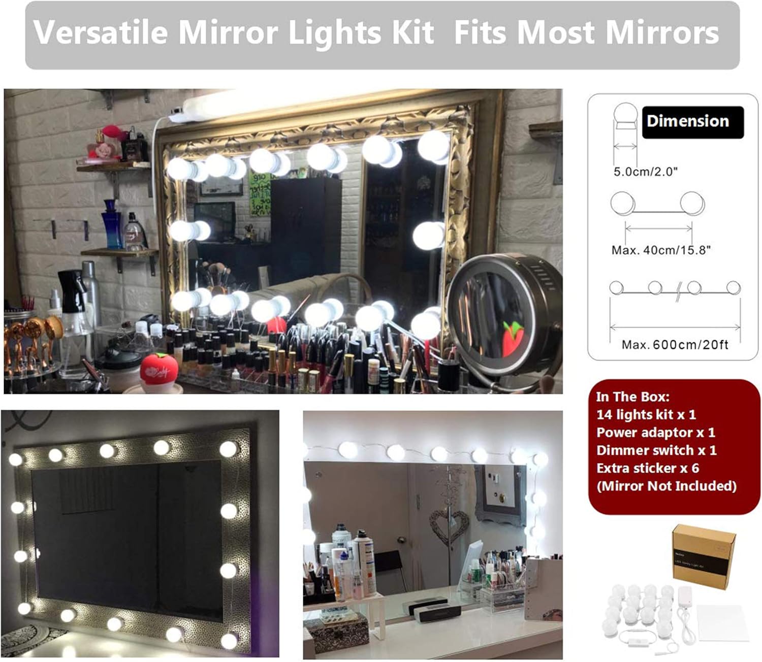 Waneway Vanity Lights for Mirror, DIY Hollywood Lighted Makeup Vanity Mirror Dimmable Lights, Stick on LED Mirror Light Kit for Vanity Set, Plug in Makeup Light for Bathroom Wall Mirror, 14-Bulb: Home & Kitchen