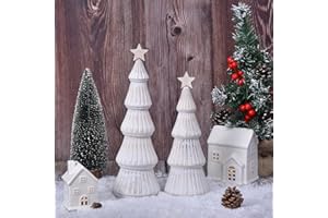 Wooden Christmas Tree Figurines with Removable Star, 2Pcs Distressed White Wood Christmas Trees, Rustic Xmas Centerpieces for