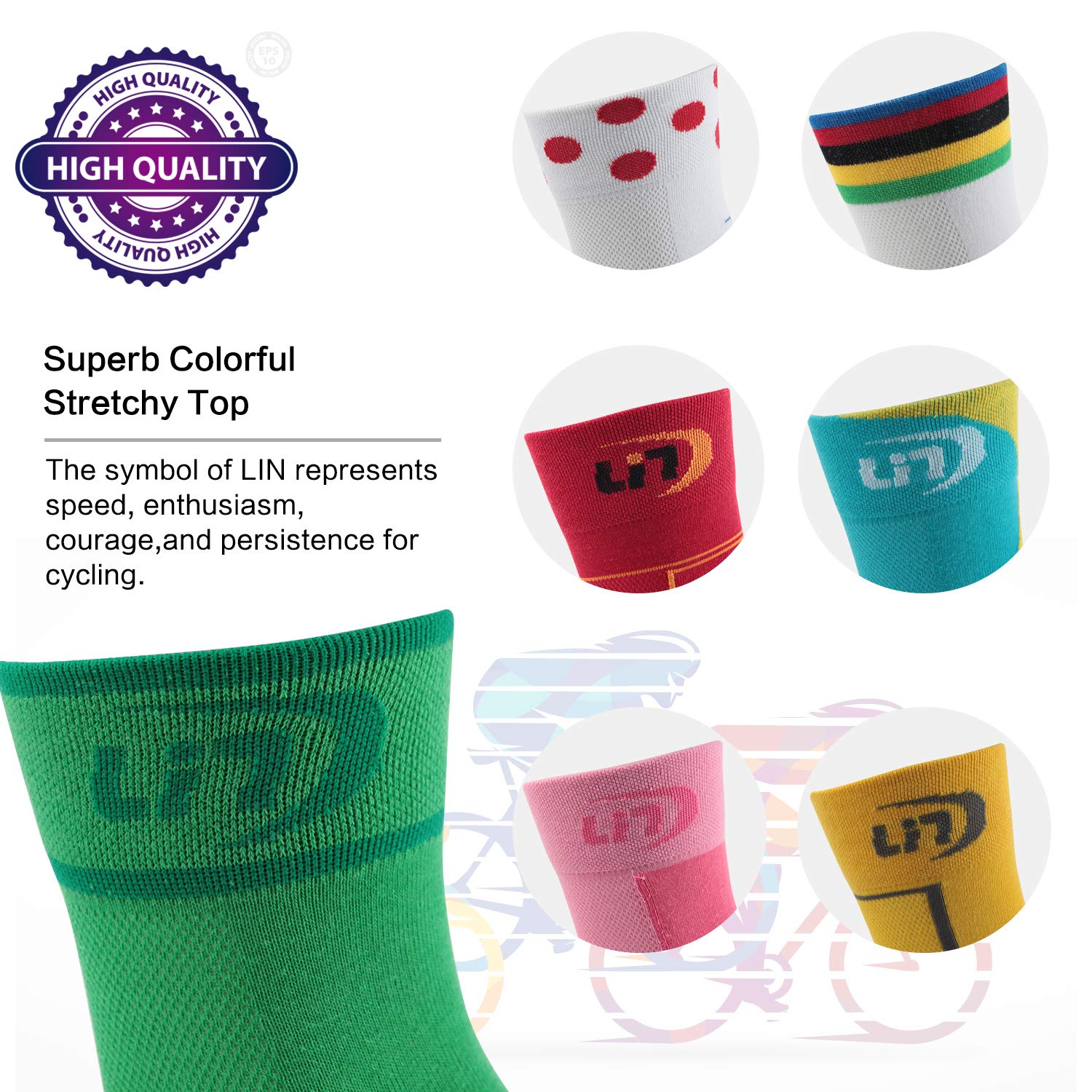 Lin 7 Pack Cycling Socks for Men and Women Funny Color Biking Socks