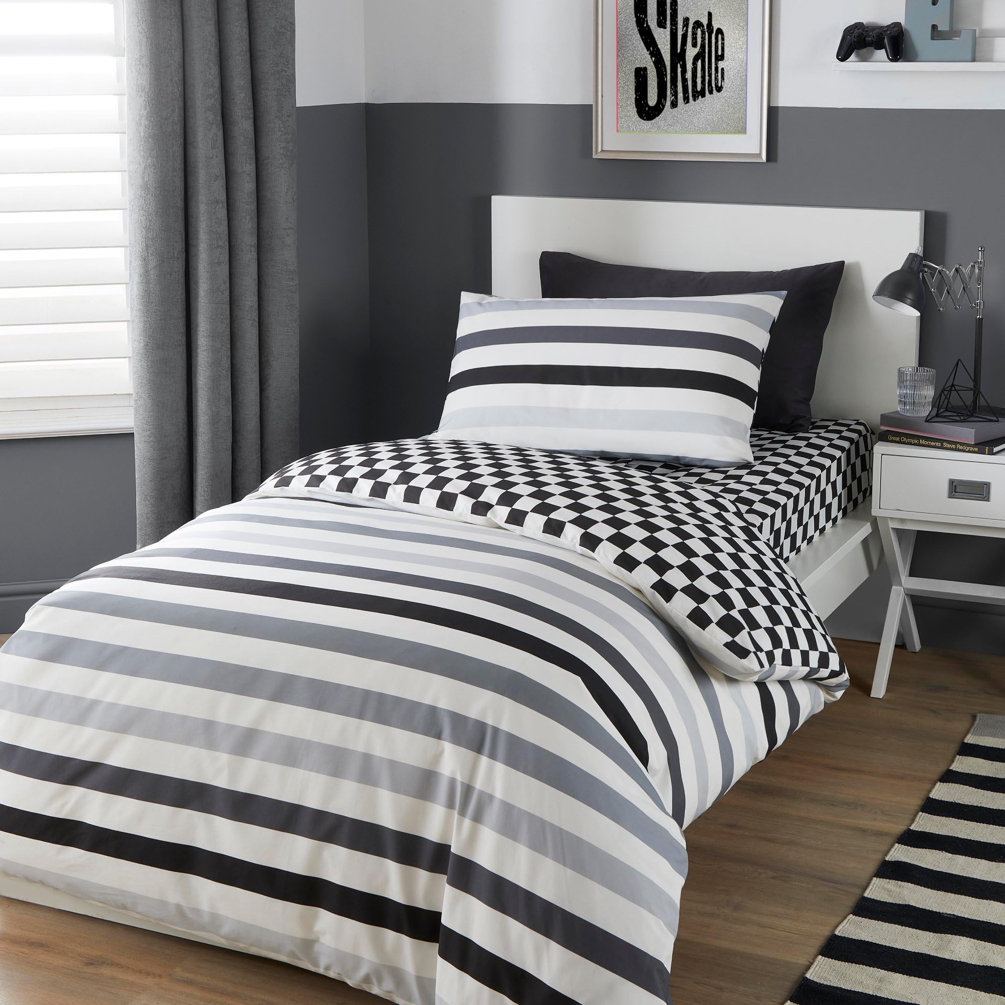 Bedlam Black & White Check Duvet Cover Set – Single Bedding Size (140 x 200cm) – Reversible 2 Designs – Striped & Checked Monochrome Quilt Cover – Easy Care – Modern Teen Bedroom Bedding