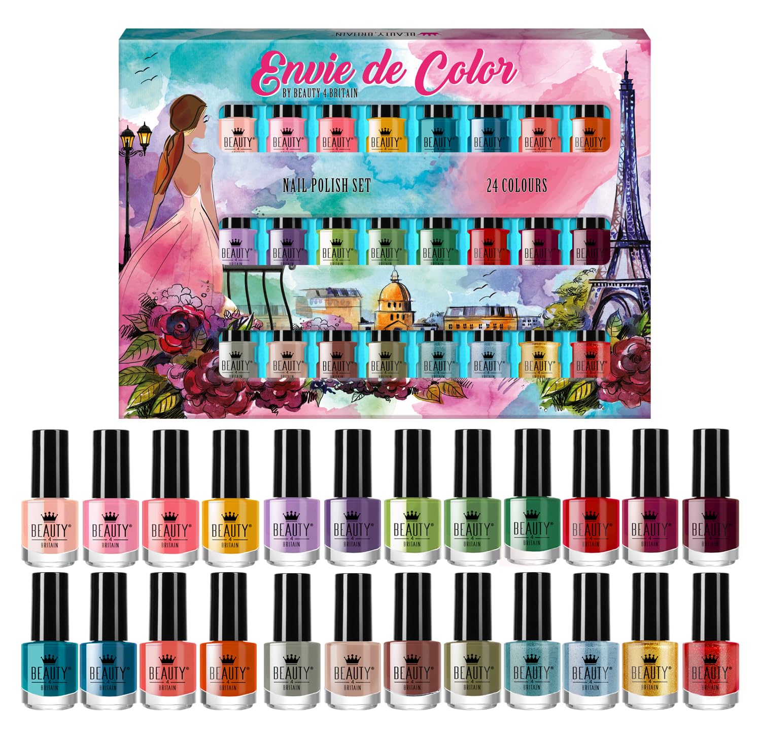 Envie De Color Nail Polish Set - Complete Collection of 24 Colours in a Artistic Paris-London Box British Brand (Set A)