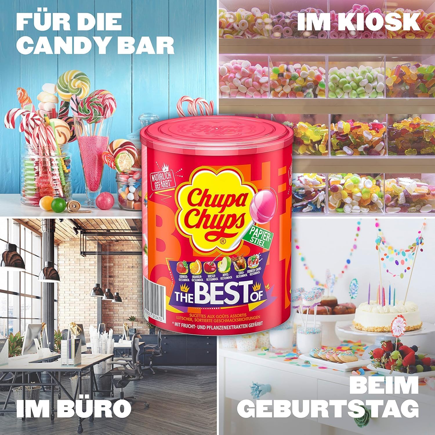 Chupa Chups Best of Lutscher-Dose, enthält 50 Lollis in 7 Geschmacksrichtungen Cola, Apfel, Erdbeere und weitere, geeignet für Geburtstag, 50 x 12g 4