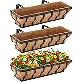 VOXOR Railing Planter Boxes, Heavy Duty Window Box Planters, Adjustable Balcony Planters for Railing Hanging, with Coco Liner & Support Rod for Deck, Porch, and Patio Gardening (3 Pack, 24 Inch)