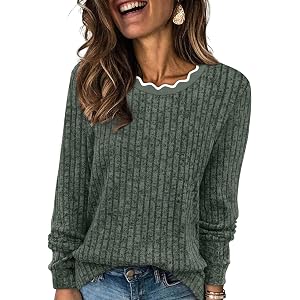 WIHOLL Womens Long Sleeve Shirts Lightweight Tunic Fall Top Sweaters 2026 | Cute Scallop Neck Sweater Dressy Casual Soft