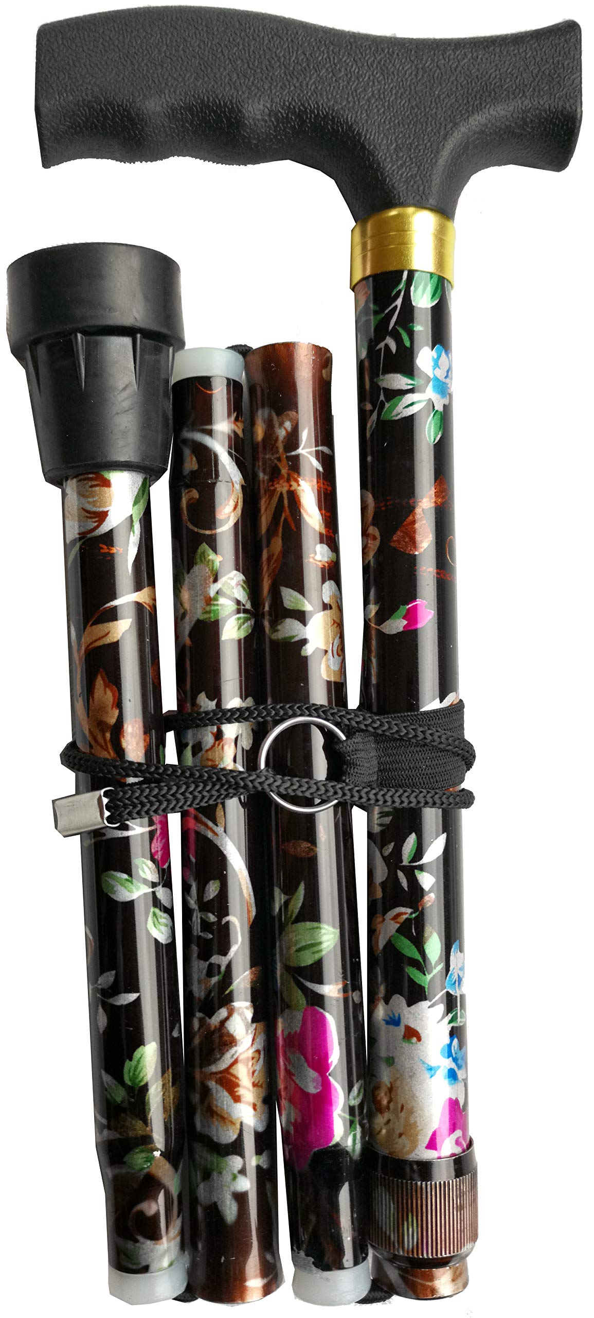 Deluxe Folding Compact 4-part Ladies Walking Stick, Stunning Floral Print with a Unique Ergonomic Easy-Grip Moulded Handle & Adjustable Height Walking Cane for Women - 32.5” – 37” (Black/Brown Floral)