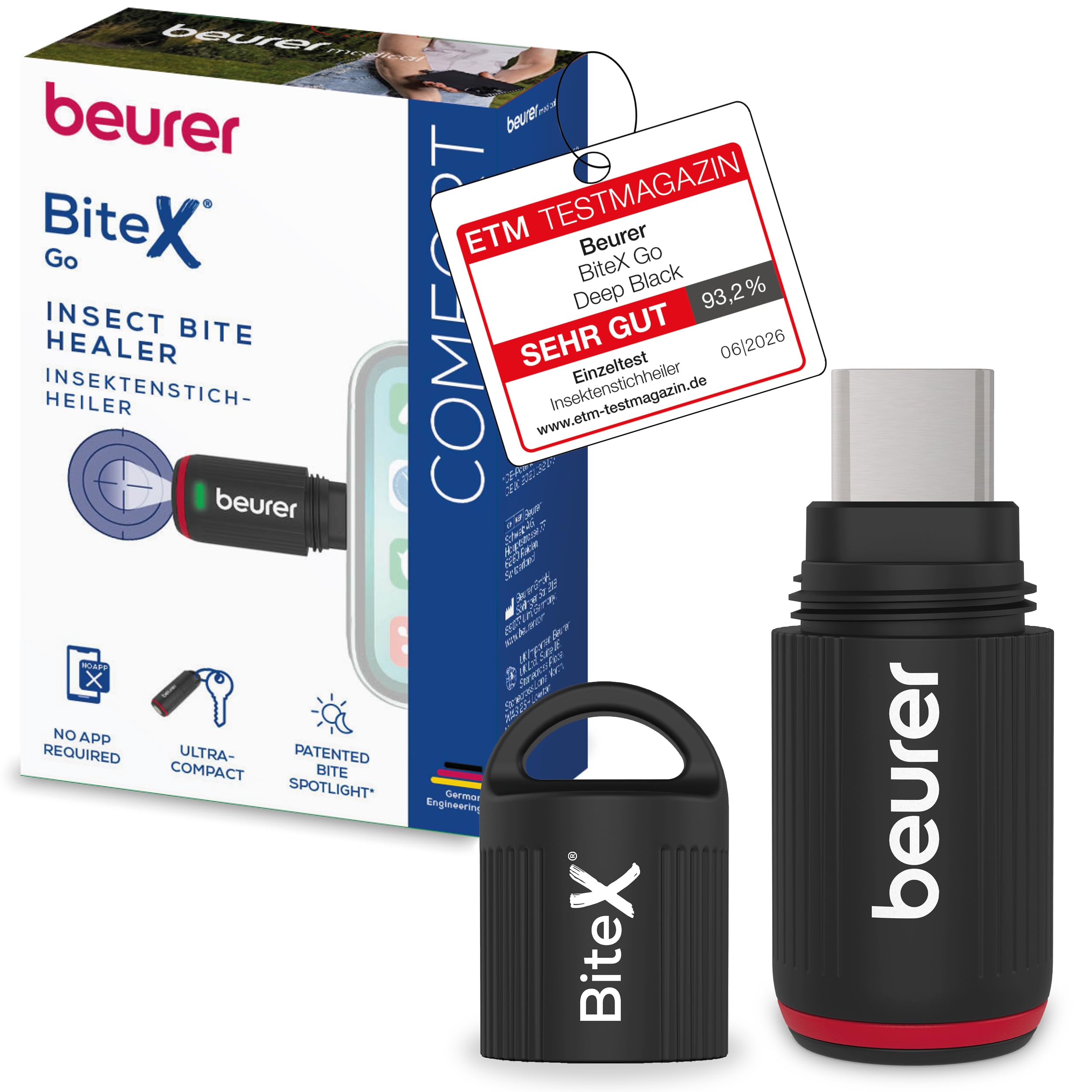 Beurer BiteX Go Deep Black Insektenstichheiler für Smartphone, Mückenstich Hitzestift gegen Juckreiz & Schwellungen durch Wärme, elektrischer Stichheiler Handy für Android & iPhone (USB-C), mit Licht
