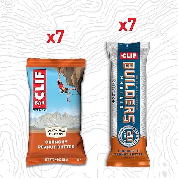 CLIF BAR AND CLIF BUILDERS – VARIETY PACK – CRUNCHY PEANUT BUTTER AND CHOCOLATE PEANUT BUTTER – ENERGY BARS AND PROTEIN BARS – NON-GMO – PLANT BASED – 2.4 OZ. (14 COUNT)