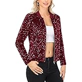 Anna-Kaci Women's Full Sequin Bomber Jacket Zip Up Long Sleeve Sparkly Glitter Lightweight Outerwear Coat