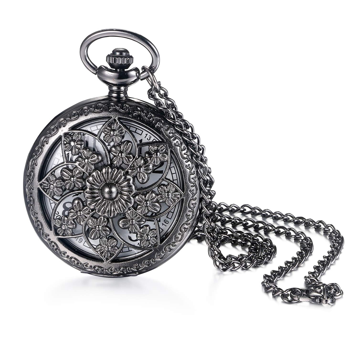 JewelryWe Retro Bronze Flower Openwork Cover Quartz Pocket Watch with 32.3 Inch Chain