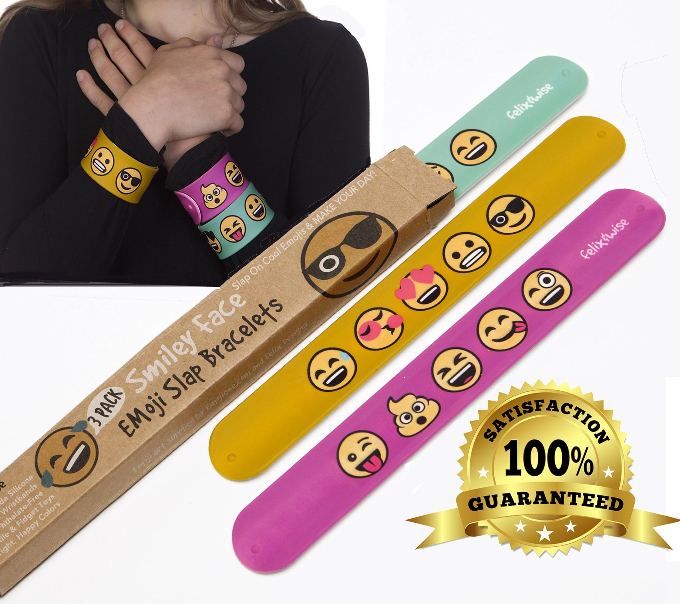 Felix and Wise Emoji Slap Bracelets - Smiley Emoticon Silicone Wristbands - Durable - Soft, Thick, Slap Wrap Fun Sensory Toys - in Great Colors - Stainless Steel Core