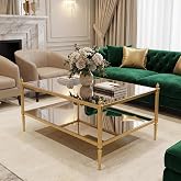 Honyee Gold Glass Coffee Table, 2 Tier Rectangular Coffee Table with Tempered Mirror Top and Glass Shelf, Fluted Metal Frame, Modern Classic Architectural Center Table for Living Room (Rectangular)
