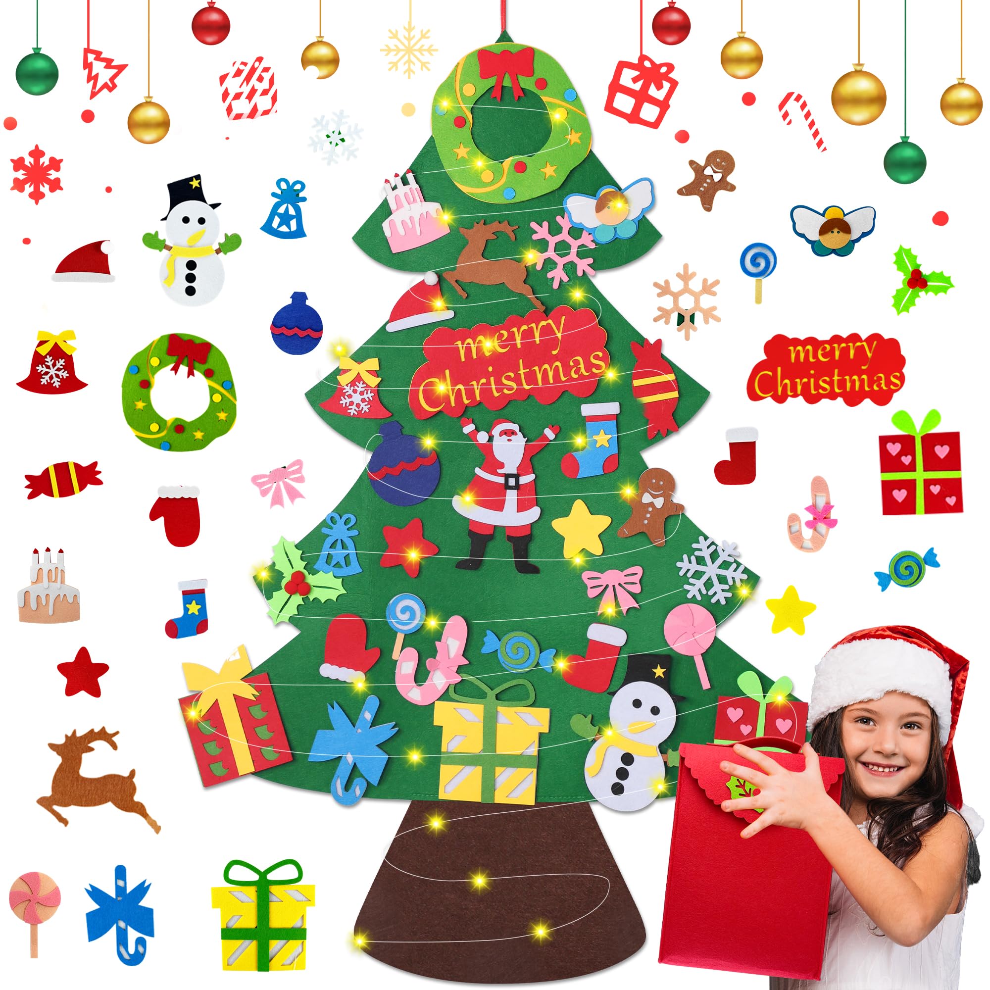 WEST STORY Felt Christmas Tree for Kids, 3.3FT DIY Wall Hanging Xmas Christmas Tree Set, Childrens Felt Christmas Tree with 30 Ornaments and 5m Light String, Ideal for Home Door Window Decoration
