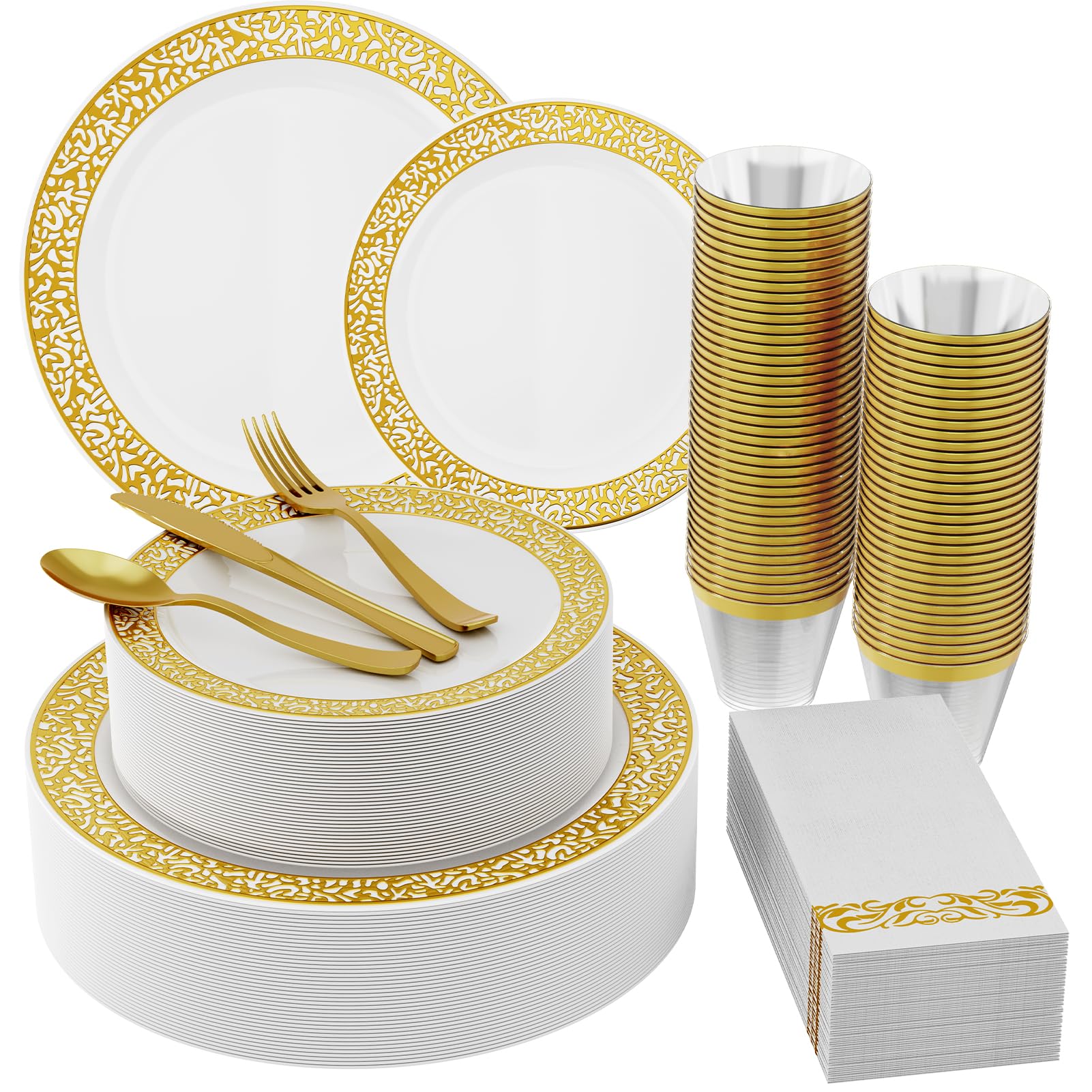 Photo 1 of 210 Count Gold Plastic Dinnerware, Gold Disposable Plates, Includes: 30 Dinner & 30 Dessert Plates & 30 Cups & 30 Paper Napkins & 30 Plastic Silverware Set