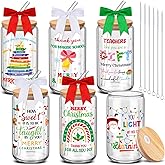 Reallnaive 6 Pcs Christmas Teacher Appreciation Gifts for Women 16 oz Glass Coffee Cups with Bows Lids Straws Brushes Thank You End of Year Gifts for Teacher from Student School Present