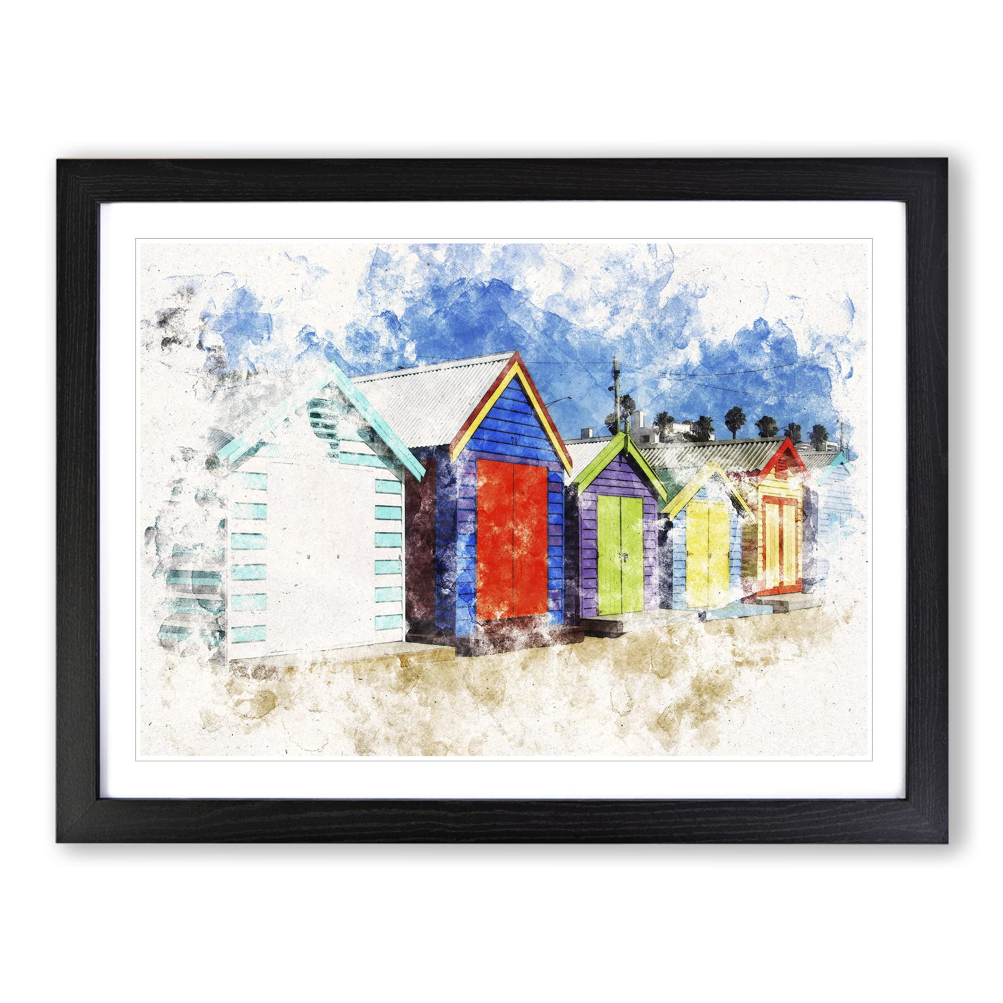Colourful Beach Huts Watercolour Modern Framed Print | A4 Black Framed Wall Art | Ready to Hang | Modern Beach Picture | Living Room Bedroom Lounge Office