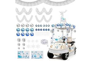 YIBOBO 58 Pcs Christmas Golf Cart Decorations Kit, Winter Theme Parade Decor with String Light, Snowflakes, Icicle Pendants, Foil Balloons and Static Stickers for Party, Outdoor Holiday Decor