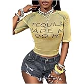 RoseSeek Women's Sheer Mesh Letter Graphic Tees Short Sleeve Crew Neck Y2K Vintage Crop Tops Going Out T Shirt