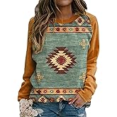 Women Aztec Shirts Vintage Geometric Print Crewneck Casual Long Sleeve Ethnic Western Graphic Loose Tee Top for Lady
