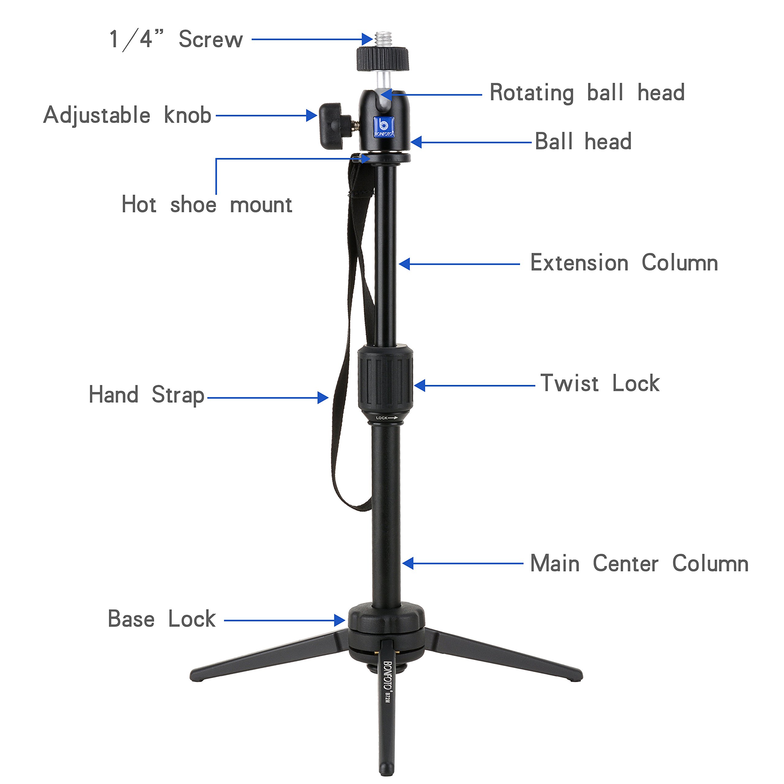 Bonfoto B72M Adjustable 14.9 inch portable Table Tripod for Digital Camera GoPro Smartphone and Most DSLR Cameras with Phone Clip