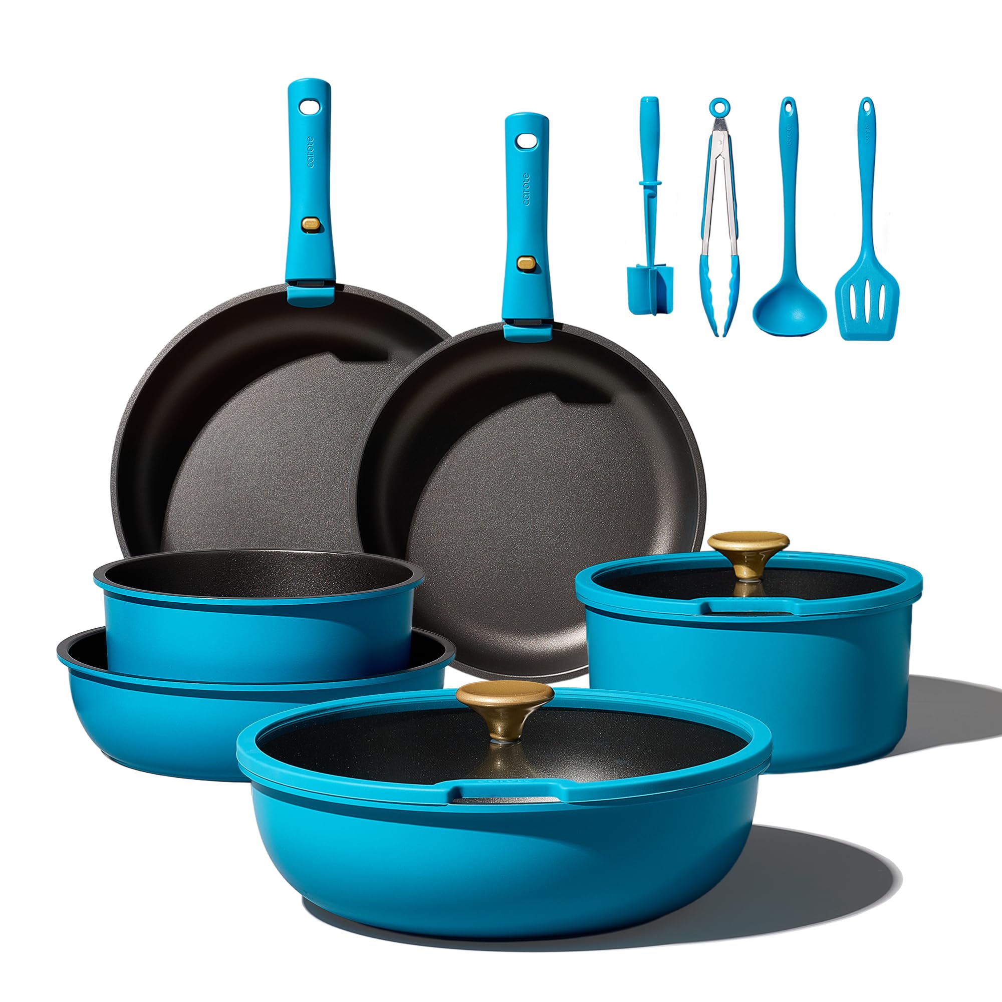 Photo 1 of CAROTE 20pcs Pots and Pans Set, Nonstick Cookware Set Detachable Handle, Induction Kitchen Cookware Sets Non Stick with Removable Handle, RV Cookware Set, Peacock Blue