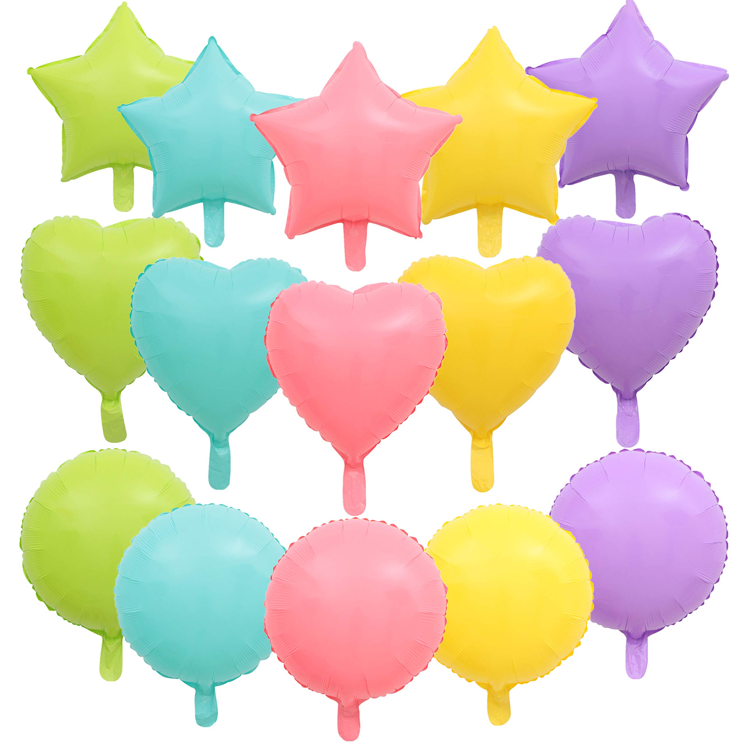 15 Pack Pastel Balloons for Party Decoration,18inch Heart Star Round Foil Balloons for Birthday Wedding Graduation Summer Luau Party Accessories