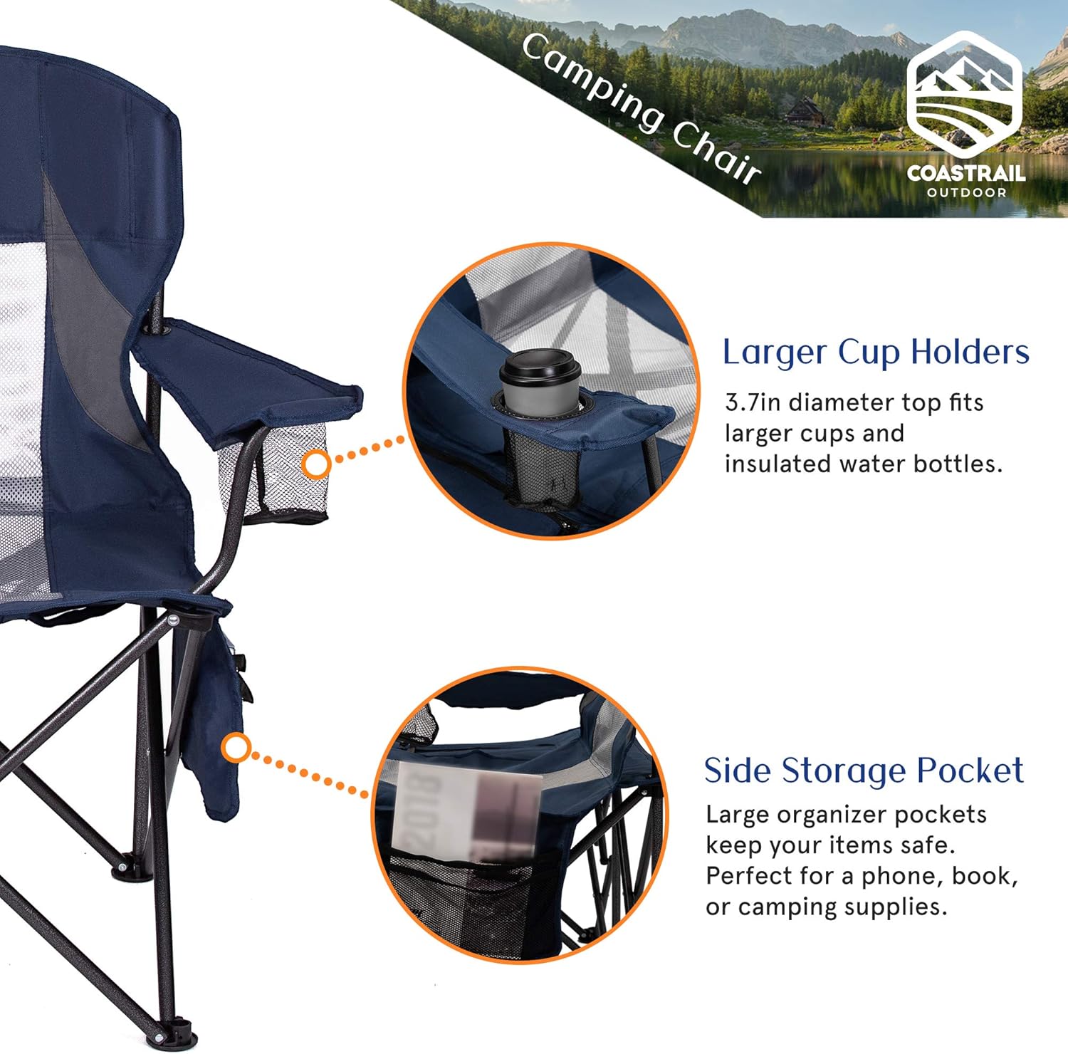 Coastrail Outdoor Folding Camping Chairs with Cooler Table Side Bag, Heavy Duty Steel 300 LBS Capacity for Adults Portable Compact Camp Chair with Cup Holder & Storage, Navy, Navy&Gray, Large : Sports & Outdoors