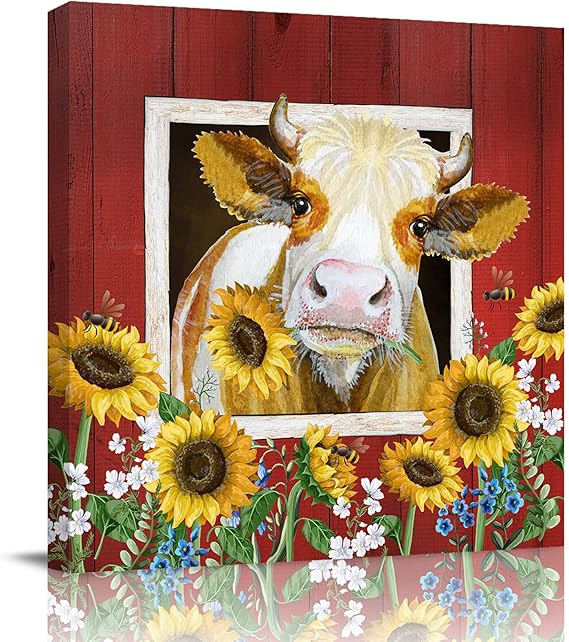 Gredice Farmhouse Cow and Sunflower Canvas Print Wall Art