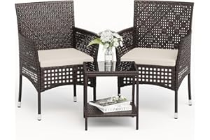 Devoko Patio Furniture Set 3 Pieces Outdoor Wicker Chairs Set of 2 with Coffee Table for Outside Porch Balcony (Brown)
