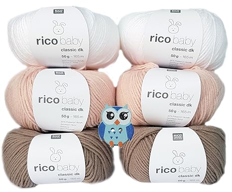 6x50 Gramm Rico Baby Classic DK 50% Polyacryl, 50% Polyamid Babywolle, 1 Eulen Knopf aus Holz (Weiss Aprikose Braun Mix)