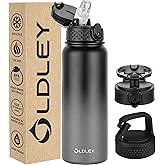 Oldley Insulated Water Bottle 20oz Water Bottles with Straw, Stainless Steel Water Bottle with 3 Lids, Double Wall Vacuum Bottles for Adult Kids, Sports Bottles for School Travel,Black Gray