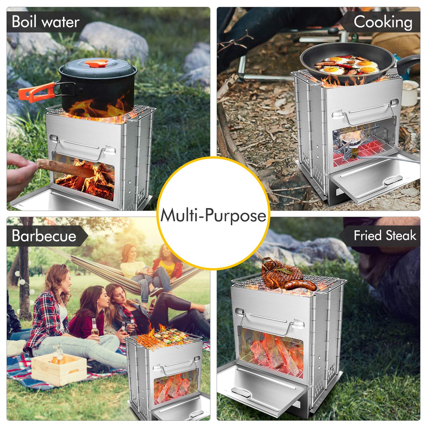 Wood Stove Camping Stove Backpacking Wood Burning Stove Mini Portable Foldable Stainless Steel Wood Cook Stove Alcohol Tiny Outdoor Camp Stove for Outdoor Hiking Picnic BBQ and Cooking (Wood Stove)