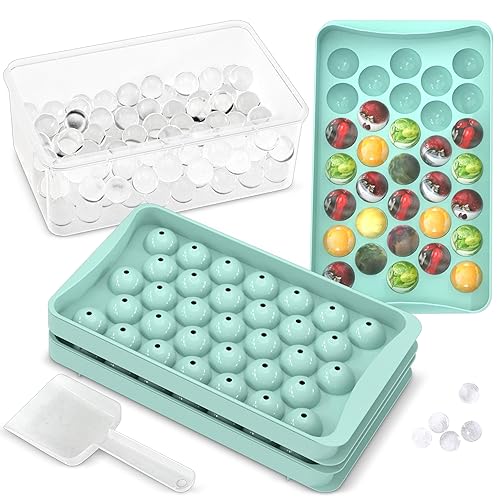 KICHLY 3 Ice Cube Tray Balls - Ice Cube Maker for Freezer – BPA Free – Perfect for Chilling Cocktails, Whiskey, Coffee Effortless Release (99 Spherical Balls Includes Ice Bin & Ice Tong-Blue)
