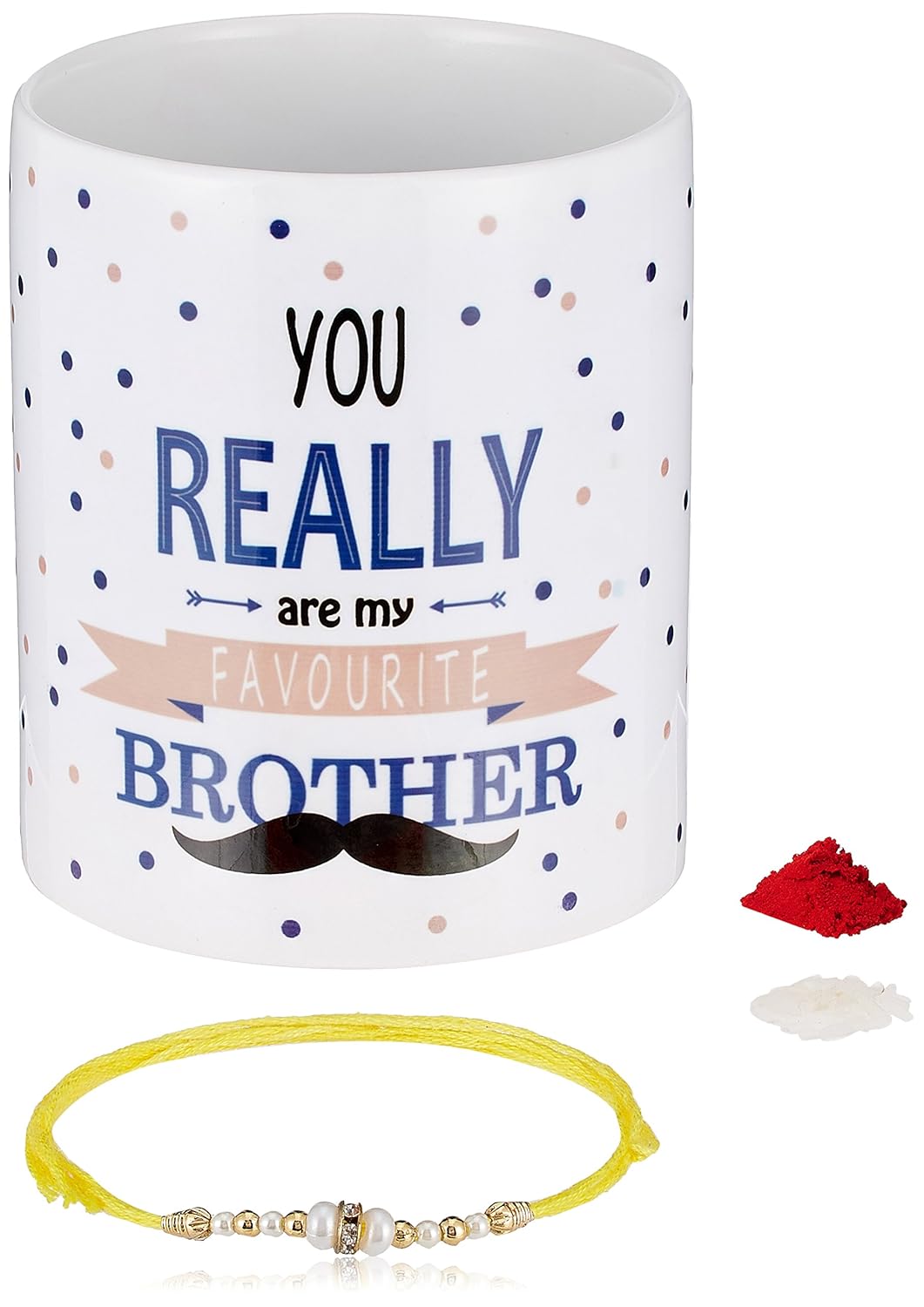 aheli beads pearl rakhi for men with mug and roli chawal tilak (red) (arma5)