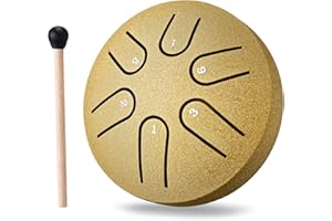 PUJONI Mini Steel Tongue Drum Small: 3 Inch 6 Notes Metal Hand Drums Musical Instruments, Music Gifts for Family Friends (Gold)
