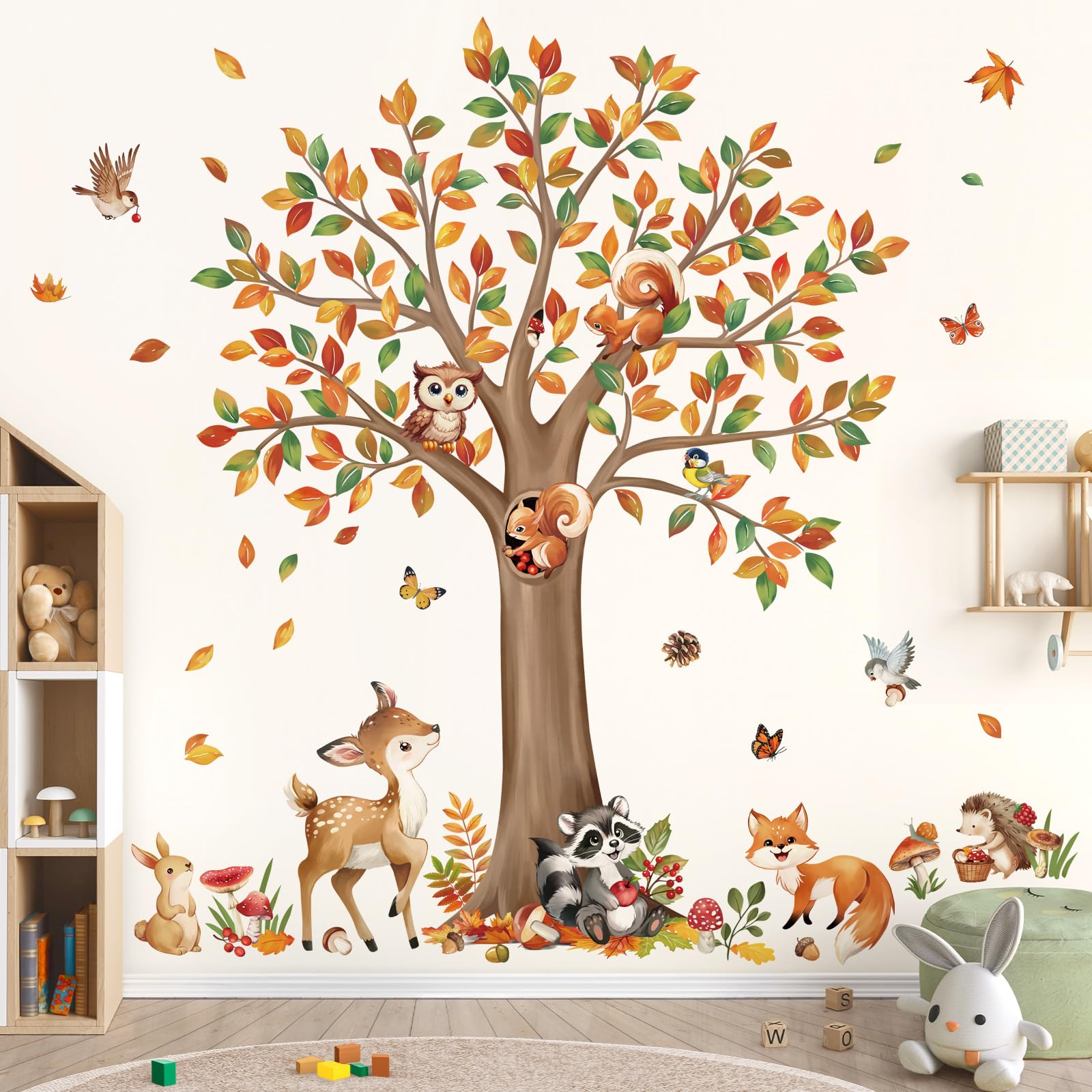 decalmile Woodland Animals Fall Large Tree Wall Stickers Deer Racoon Owl Wall Decals Baby Nursery Kids Bedroom Living Room Wall Decor