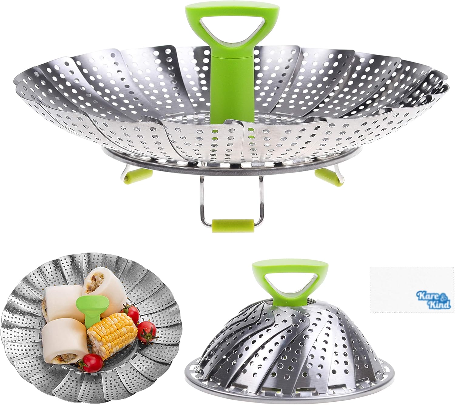 Kare & Kind 1x Adjustable Steamer Basket, Extendable Stainless Steel Steamer with Center Handle, 5.1" to 9", Foldable Feet
