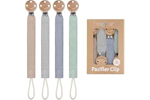 TYRY.HU Ribbon Pacifier Clip Holder,4 Pack Binky Paci Holder Clips, Pacifier Leash for Boys and Girls, Soft Webbing Strap Universal Fits for Most Pacifier, Styles & Teethers(Khaki,Grey,Blue,Green)