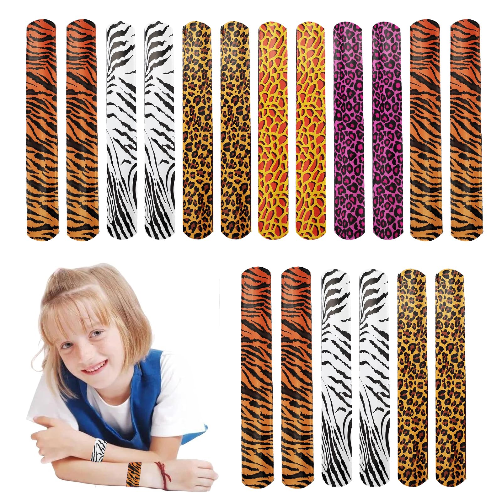 POPOYU 24Pcs Leopard Tiger Zebra Giraffe Print Slap Bracelets,Snap Bracelet Bands for Gifts Bag Filler,Safari Party Favors Wristbands for Kids Jungle Safari Animals Party Supply Classroom Prize Gifts