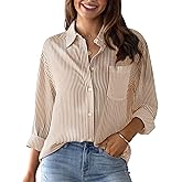 Lingjiazi Striped Button Down Shirts for Women Long Sleeve Casual Collared Office Work Blouses Shirts Tops with Pocket