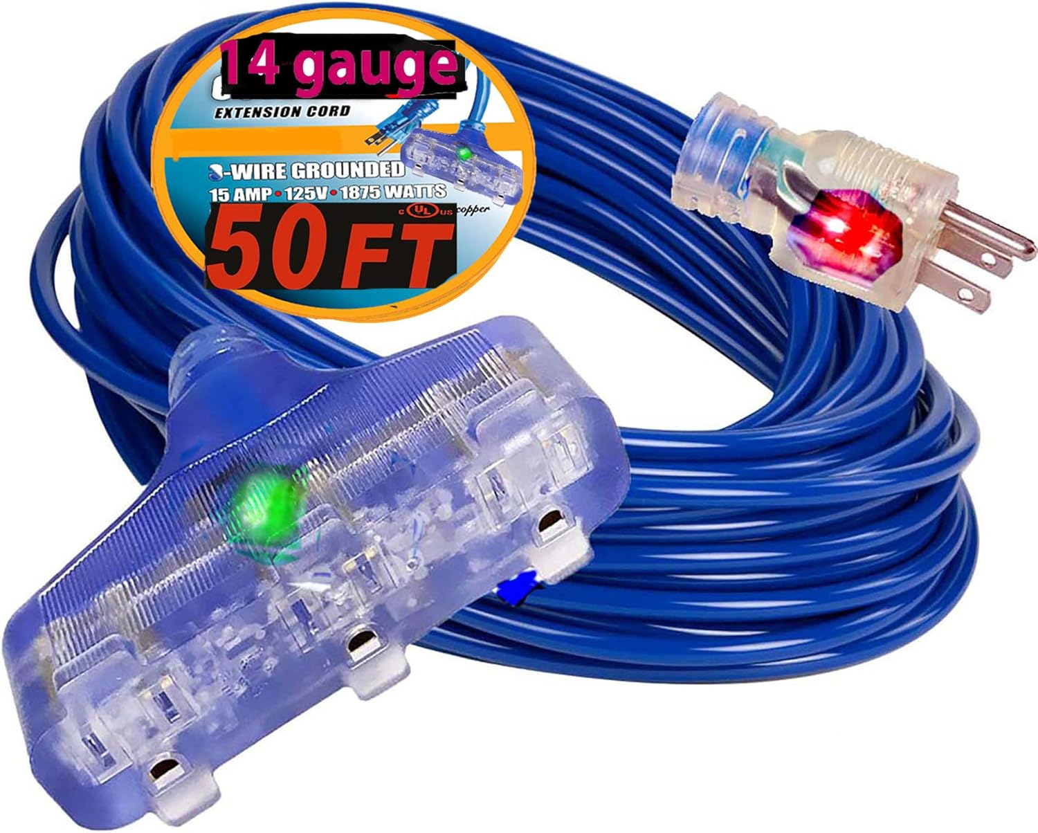 14 gauge extension cord 50 feet 15 amp extension cord 50 ft 14/3 125V, 1875 WATTS Heavy Duty