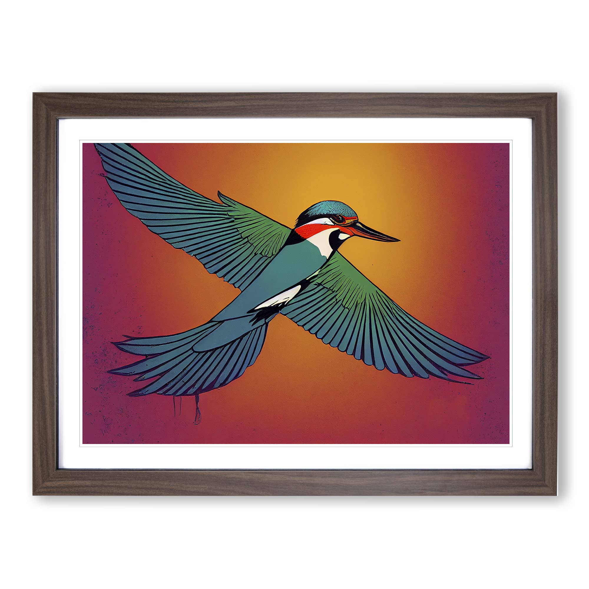 Hypnotic Kingfisher Bird BLK Framed Print | A4 Walnut Framed Wall Art | Ready to Hang | Modern Nature Picture | Living Room Bedroom Lounge Office