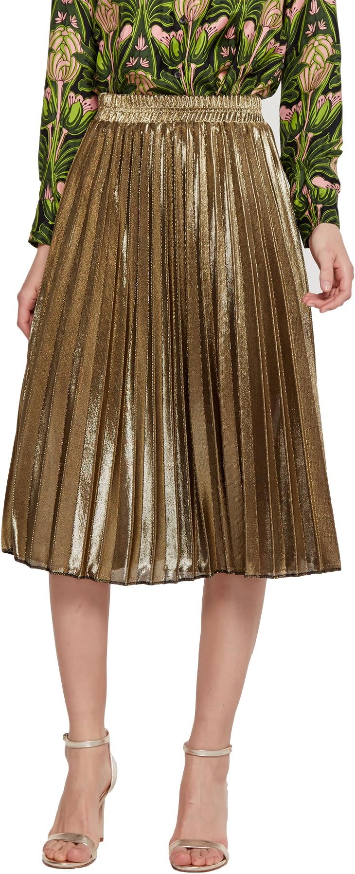 MEWOW Women's Metallic Skirt High Stretchy Waist Pleated A Line Swing Skirt, Long and Short